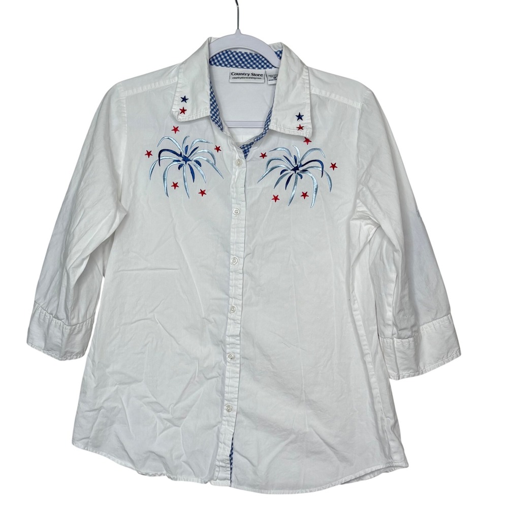 Vtg Country Store Patriotic White Button Up Shirt M Cottagecore Firework Star